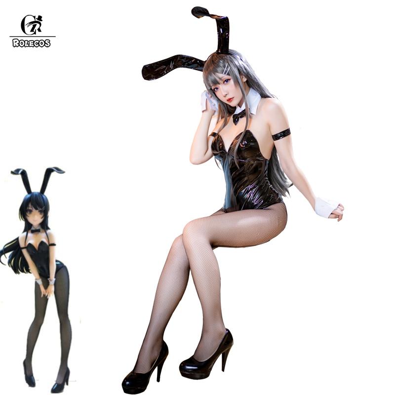 Sakurajima Mai Anime Cosplay Costume Women Sexy Costume Bunny Girl Cosplay Wigs Shiny Leather Jumpsuit Party Bodysuit