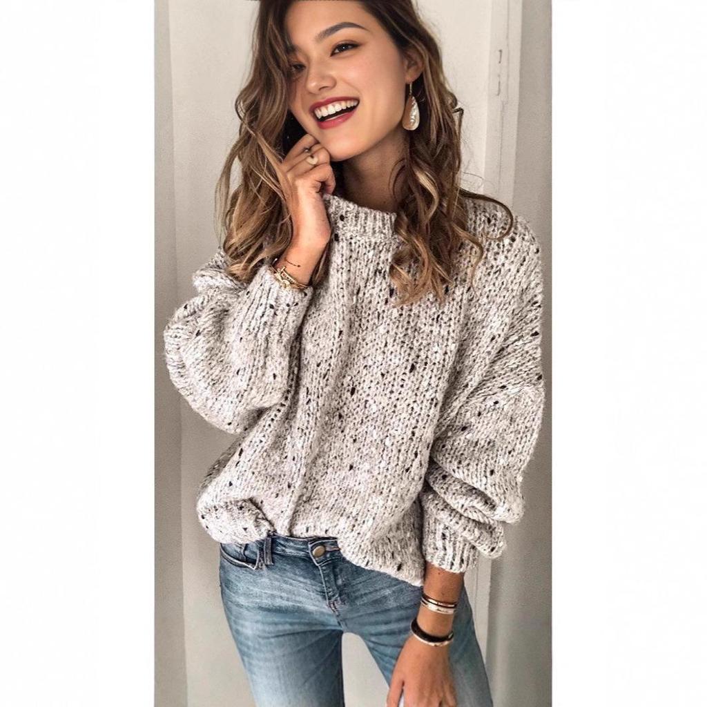 Women's Floral Dot Knit Pullover Sweater - Casual Long Sleeve, Round Neck, Autumn Winter