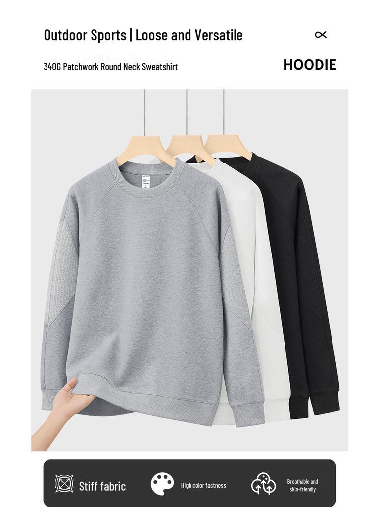 Men's Heavyweight Patchwork Raglan Hoodie: Autumn/Winter Round Neck Casual Layer Top (340G)