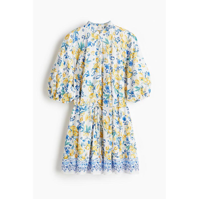 

Женская одежда HM Платье с цветочным принтом 2025 Лето Новое поступление Новый китайский стиль Талия Съемная шнуровка Платье с принтом 1293979 White/Lemon 150/76(XXS)