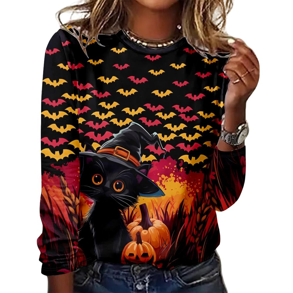 Women's Halloween 3D Printed Pumpkin Face Bat Long Sleeve Shirt Autumn Loose Casual Polyester Round Neck Fashion Casual Top