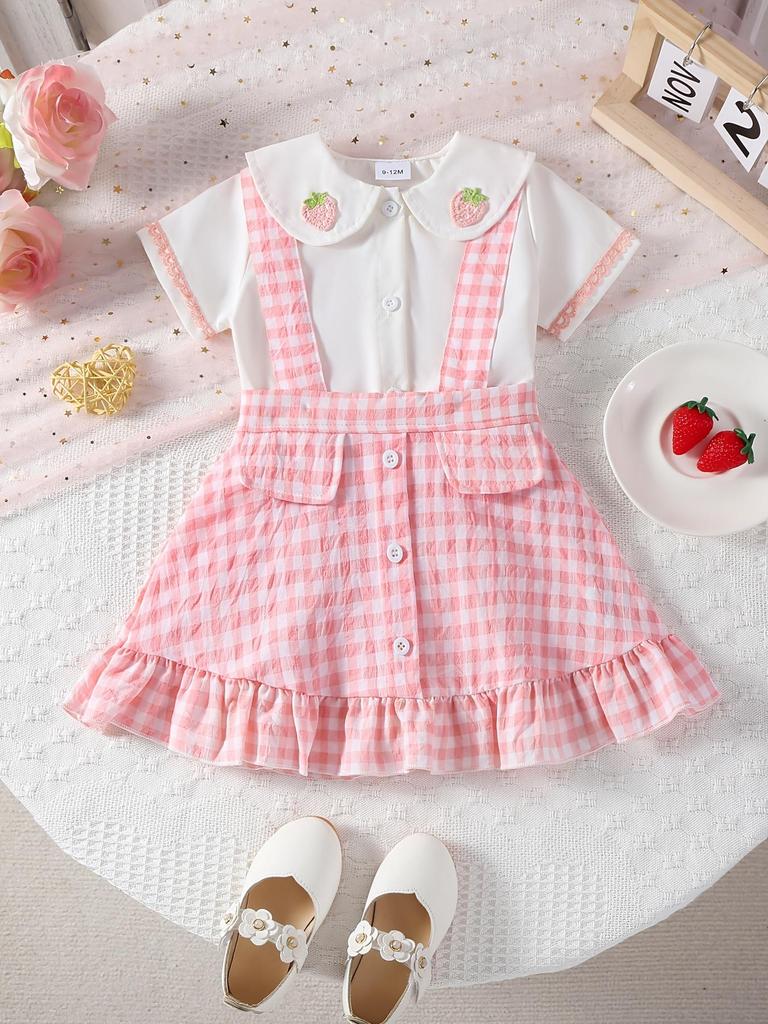 Baby Girls Spring Summer Sweet Strawberry Plaid Short Sleeve Shirt Set, Adjustable Straps, Cute Doll Collar, Daily Wear