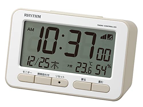 RHYTHM FitWave Alarm Clock, Radio-Controlled, Electronic Alarm (with Snooze), Thermometer, Hygrometer, Calendar, Beige, 7.8 x 12 x 5.4 cm, D234, 8RZ23
