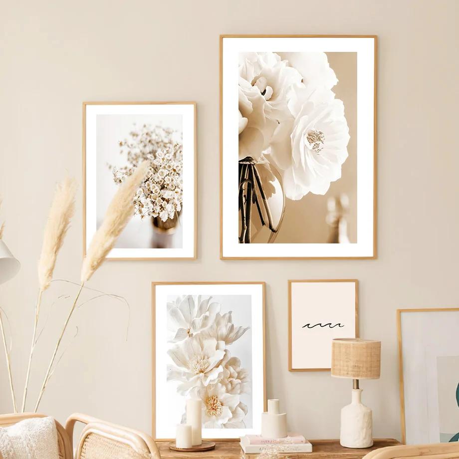 Beige Dahlia Peony Rose Daisy Flower Leaf Posters And Prints Canvas Painting Nordic Wall Art Pictures Living Room Home Decor