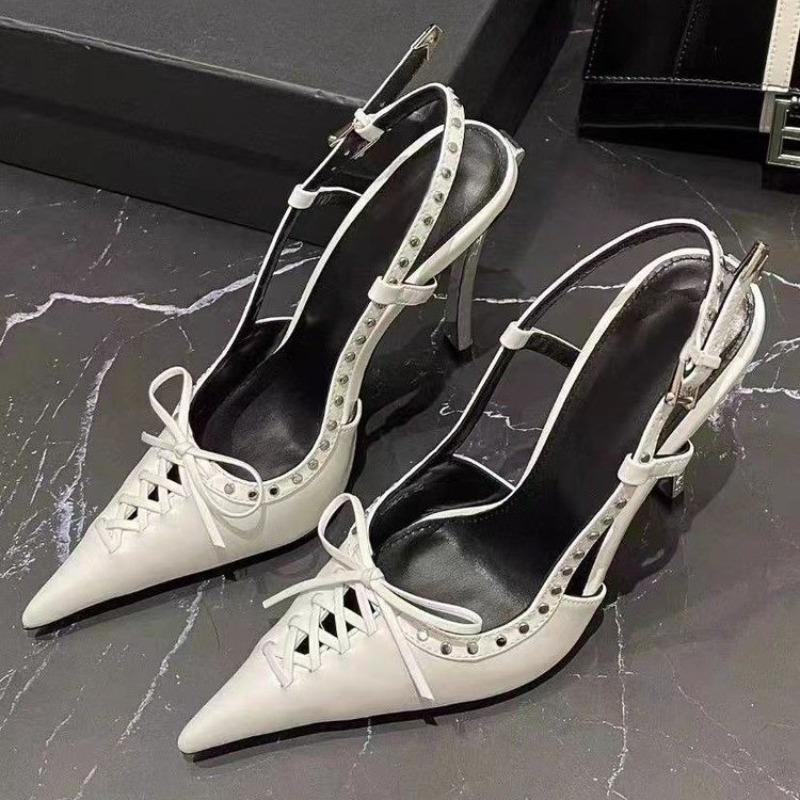 New Summer Pointed Toe Shallow Mouth Strappy Bow Studded Heels Stiletto Temperament Stiletto Sandals Women