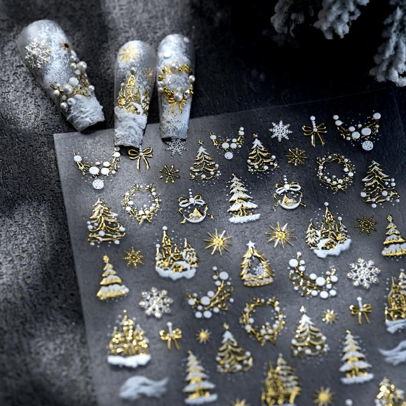 Weihnachten Geprägte Nagelkunst Aufkleber Verträumtes Schloss Weihnachtsbaum Schneeflocke Selbstklebende Maniküre Abziehbilder Nageldekoration