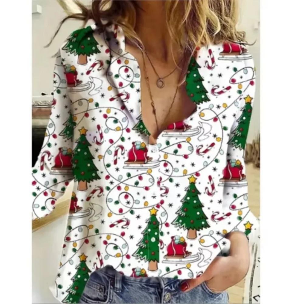 Green Red Christmas Snowflakes Print Women Shirts Tops Fashion Autumn New Long Sleeve Loose