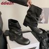 Fashion Female Slip On Footwear Women Ankle Western Boots With Heels Shoes Fashion Round Toe Ladies Short Denim Booties Heeled Shoes New