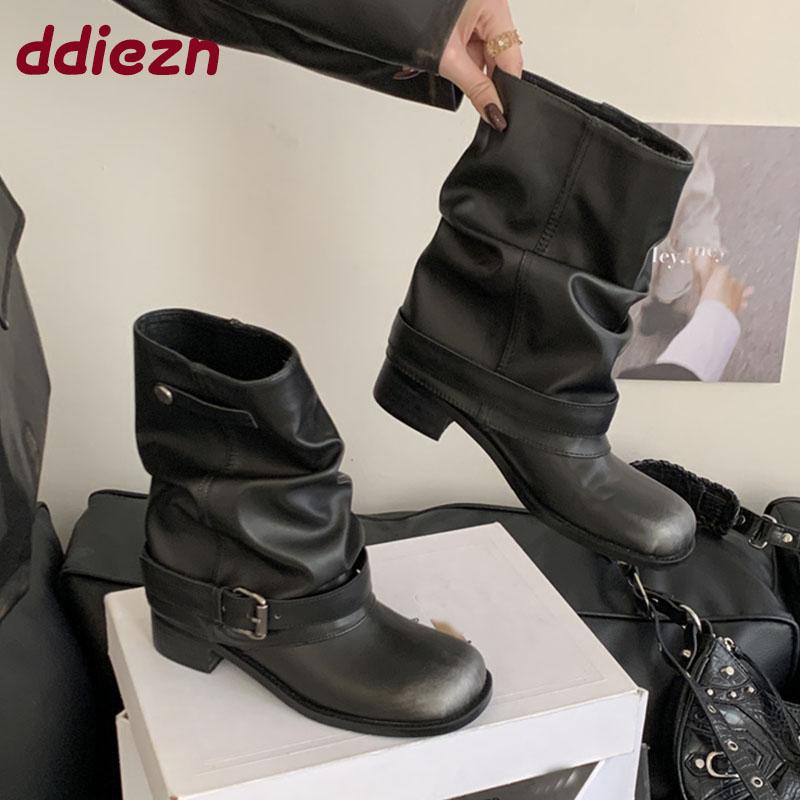 Fashion Female Slip On Footwear Women Ankle Western Boots With Heels Shoes Fashion Round Toe Ladies Short Denim Booties Heeled Shoes New
