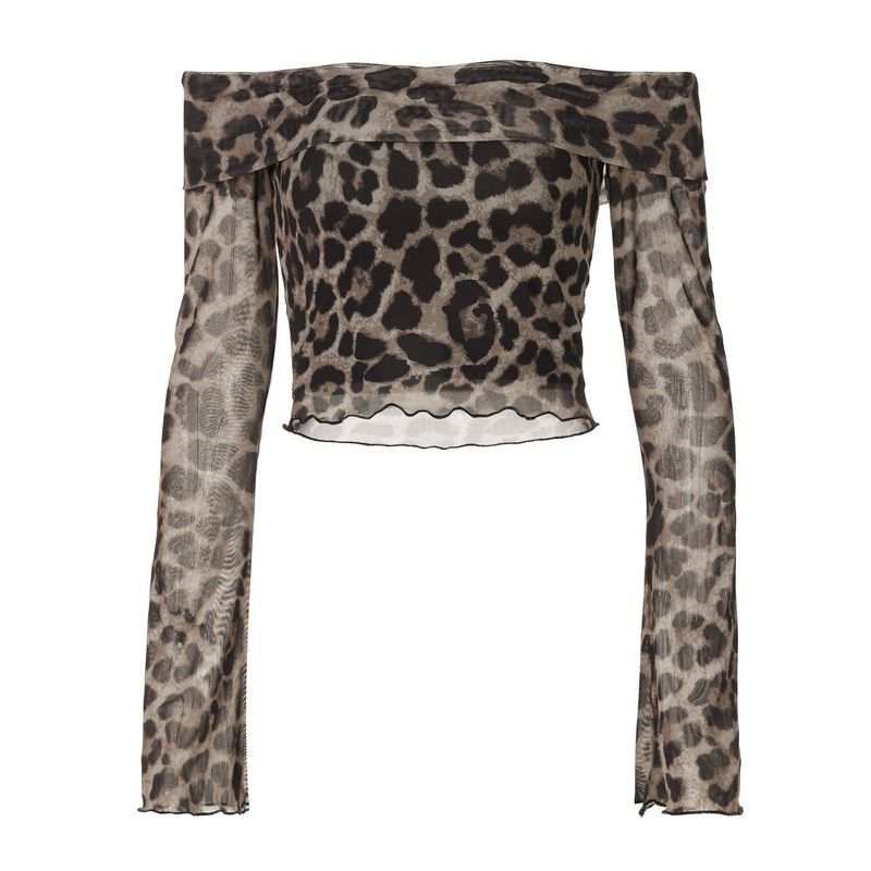 Long Sleeve Printed Leopard Print Top off-Shoulder Navel Leopard Print Print Top