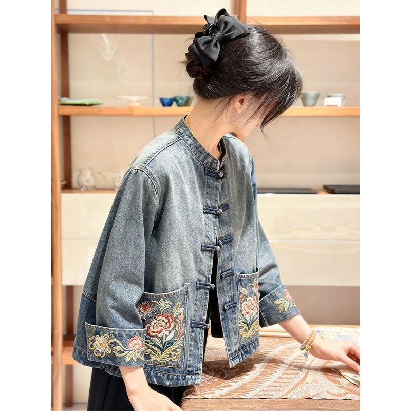 2026 Spring New Style Elegant High-End New Chinese Style Women s Clothing National Style Embroidered Denim Jacket High-End Youthful Top Blue Jacket S