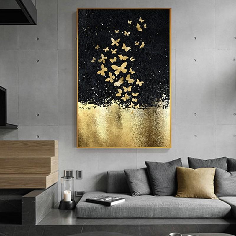 solid Wood Frame Nordic Modern Abstract Gold Poster Golden Butterfly Dancing In Sky Canvas Painting for Cuadros Living Room Home Decor