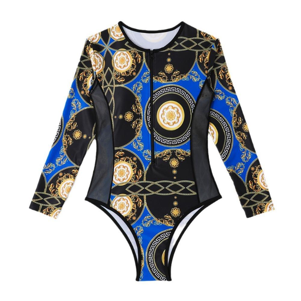 European and American Swimsuit One-piece Long-sleeved Mesh Stitching Surf Suit