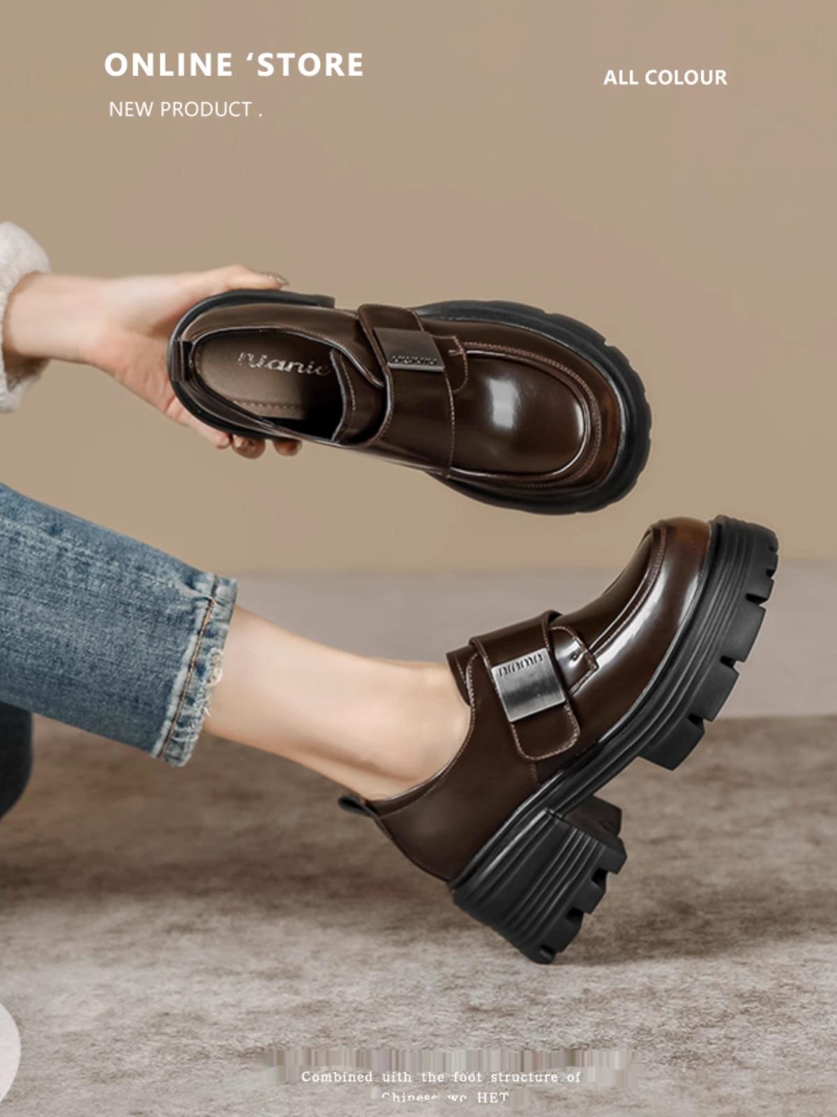 

Ретро-лоферы на платформе женские кожаные на липучке толстый каблук круглый носок универсальные модные британские маленькие кожаные туфли 37