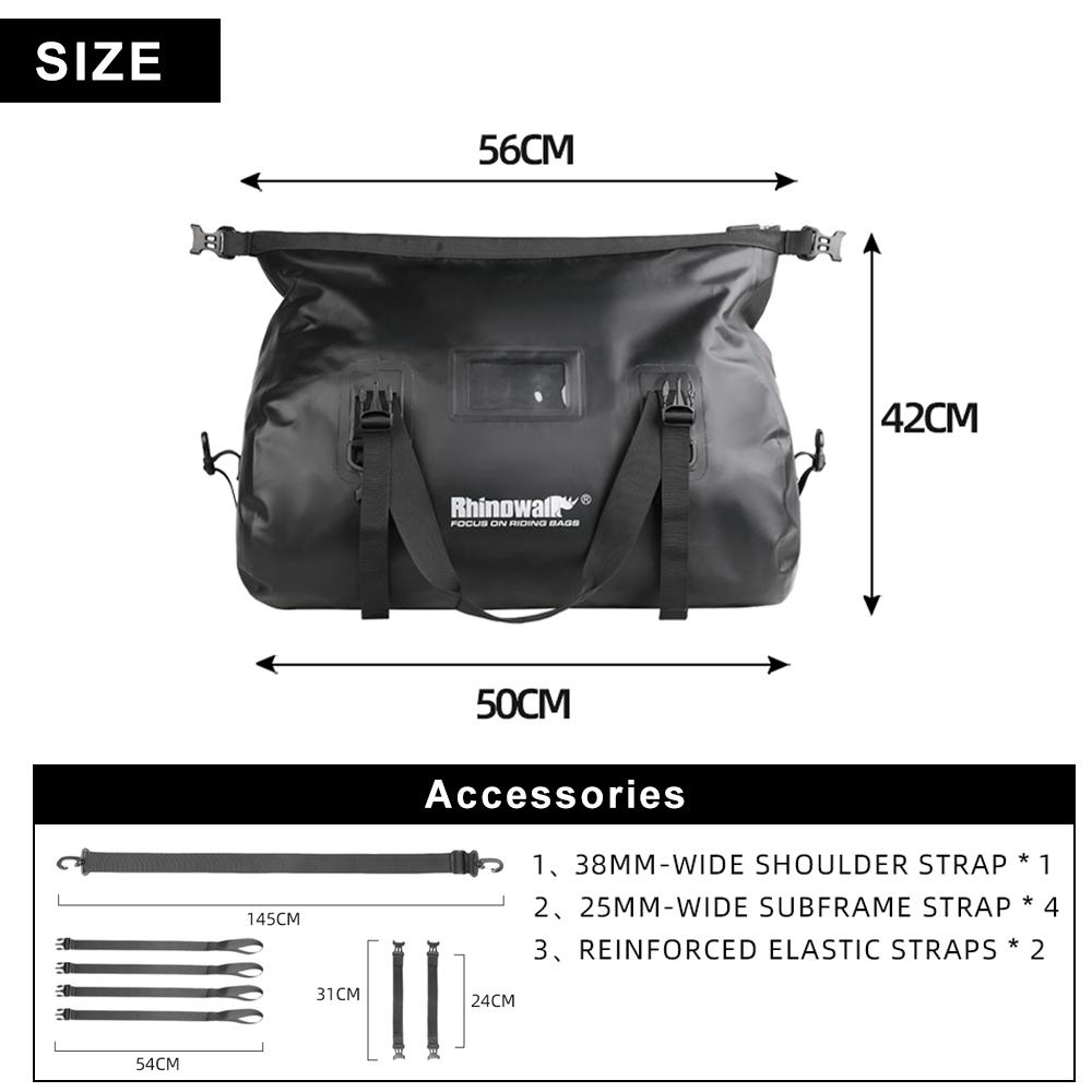 Rhinowalk Waterproof Motorcycle Tail Bag 45L PVC Saddle Dry Luggage Outdoor Back Sear Pack Motorbike Pannier Shoulder Bag Travel Black-45L