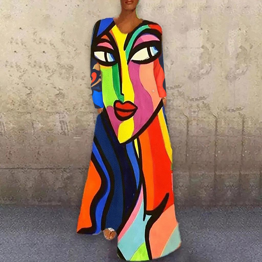 Women Fashion Print Casual Long Sleeve Loose Knee-Length Dresses