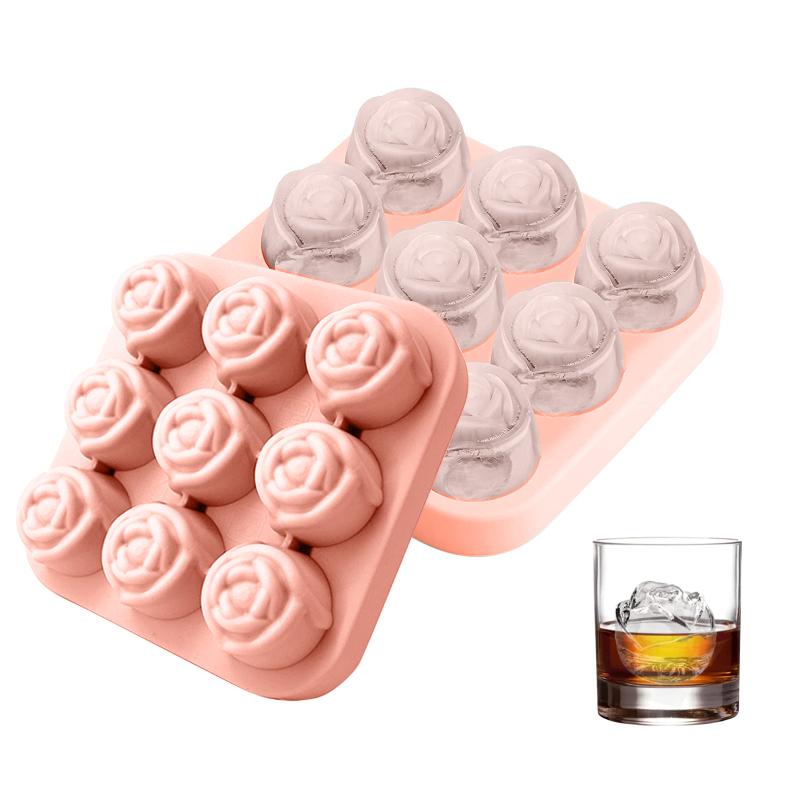 Tavă pentru cuburi de gheață, cu 9 cavități, din silicon, cu trandafiri, pentru fabricarea de bile de gheață, cu eliberare ușoară, formă mare de cuburi de gheață pentru cocktail-uri