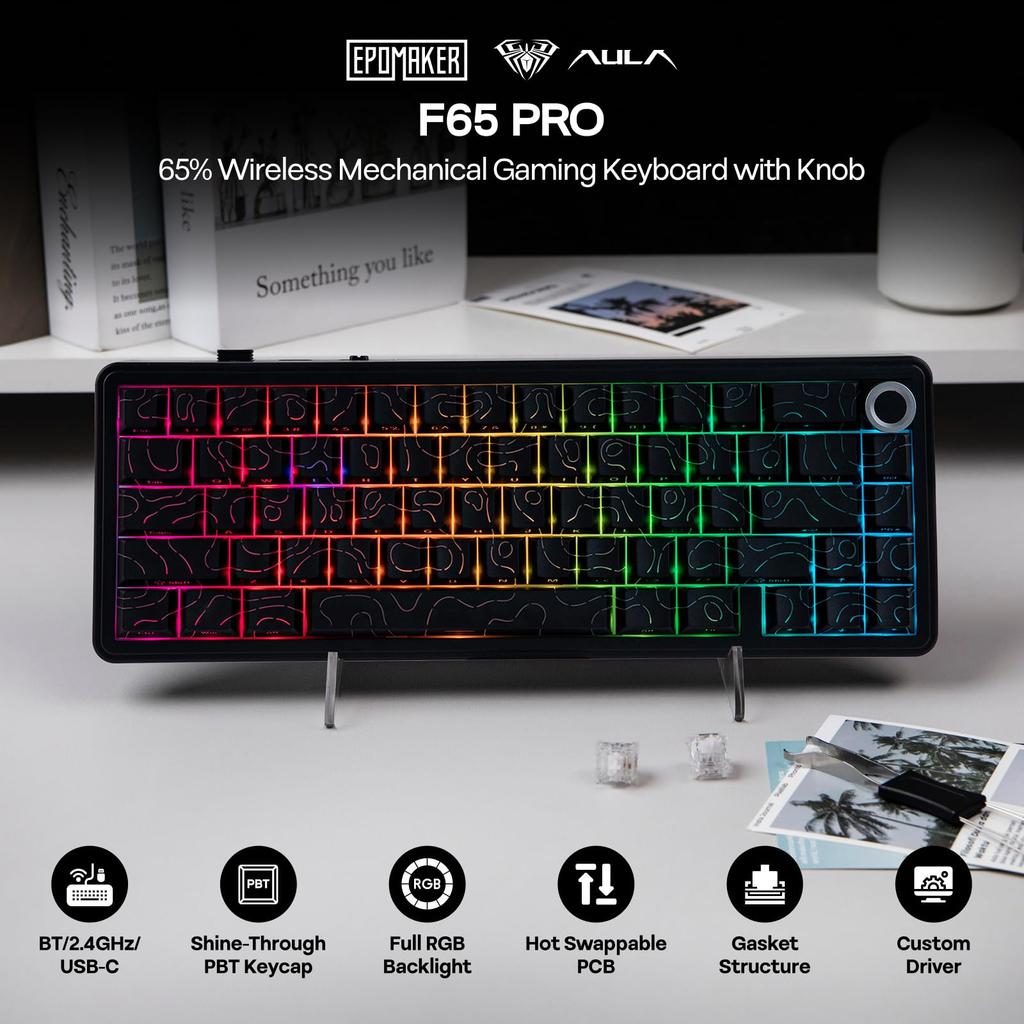 EPOMAKER X AULA F65 PRO Wireless Mechanical Gaming Creamy Gasket PBT Technical Standards Compliance Certified Ice Crystal Keyboard, 65% Layout,