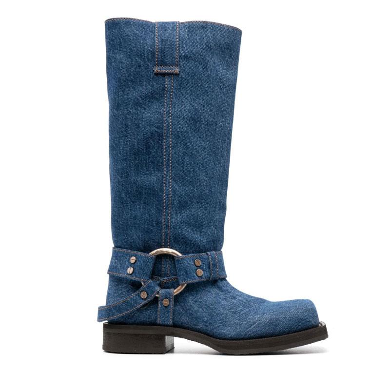 Fashion Blue Denim Riveted Women Motorcycle Boots Belt Buckle Design 3.5cm Thick Heel Knight Knee High Boots European American Style 44