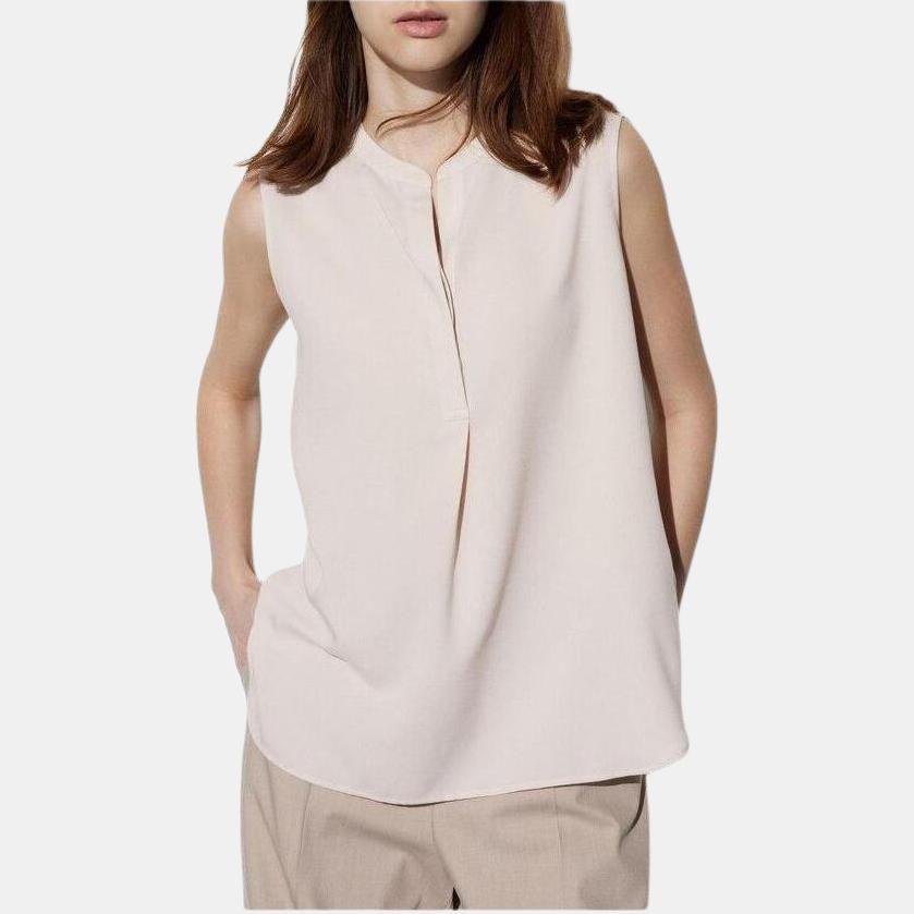 UNIQLO Solid Color Floral Half Open Collar Sleeveless Vest Women tops Light-Beige 467623-30