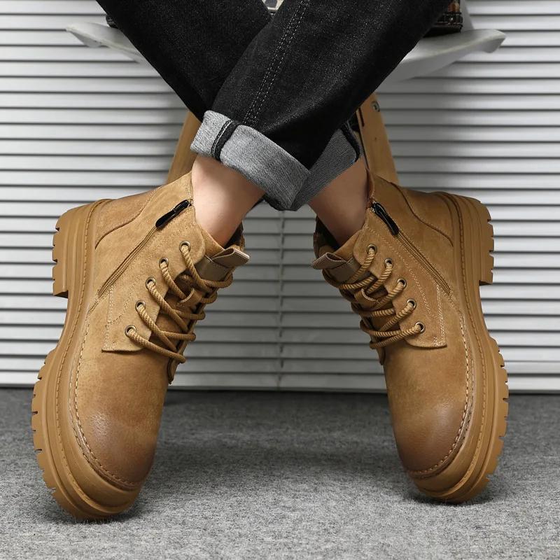 New Men Shoes Genuine Leather Boots Outdoor Casual Hiking Shoes Winter Thick-soled Short Boots