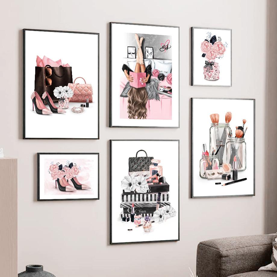 Fashion Girl Paris Perfume Heels Lipstick Makeup Art Canvas Painting Nordic Posters And Prints Wall Pictures Living Room Decor No Frame