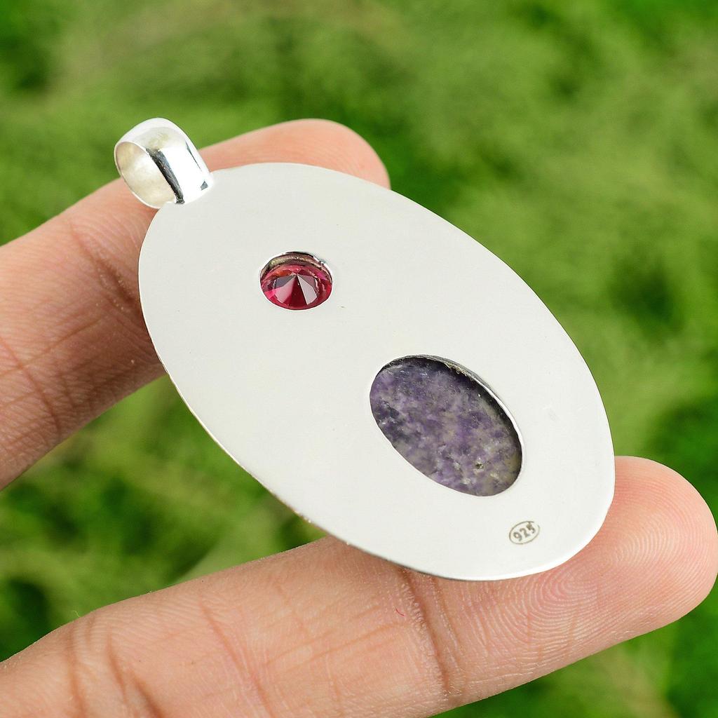 Lepidolite Gemstone Rubellite 925 Silver Sister Third Eye Chakra Pendant Jewelry