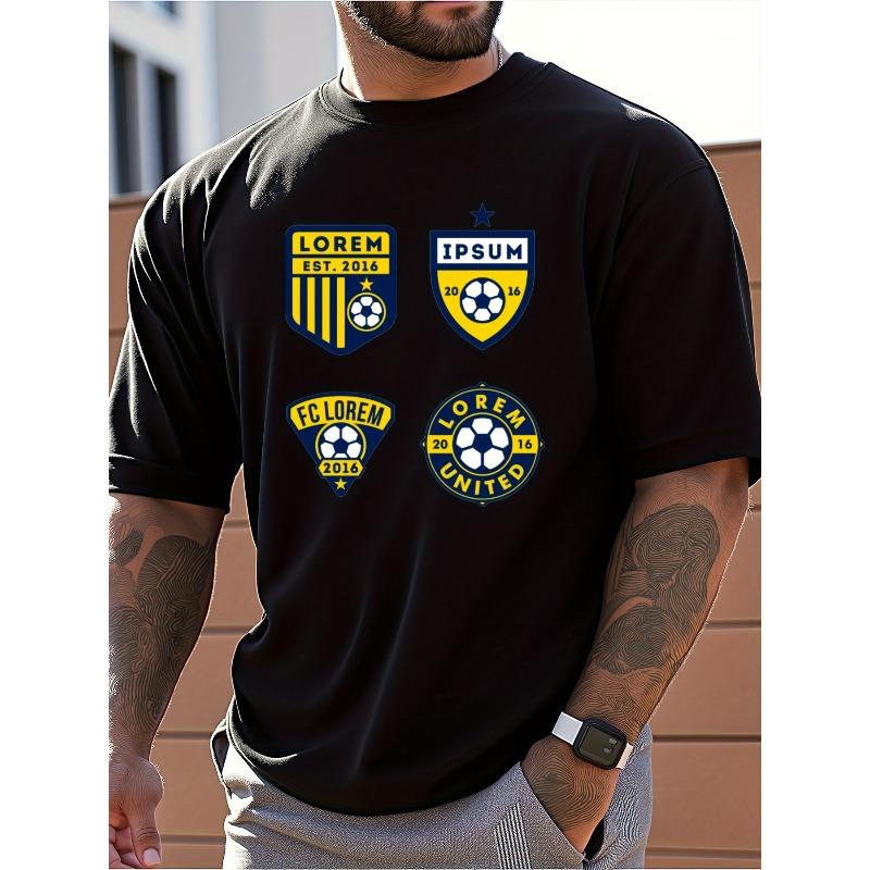 

European sizes Mens T-Shirts with Black Football Badge Print | Casual Style, Fabric, Loose Fit, Comfortable and Breathable, Ideal for Sports 4XL