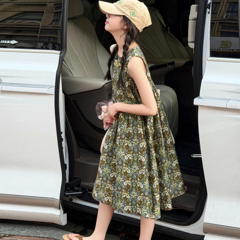 2026 Summer Girls Floral Princess Dress - Retro Cotton Children s Clothing 130