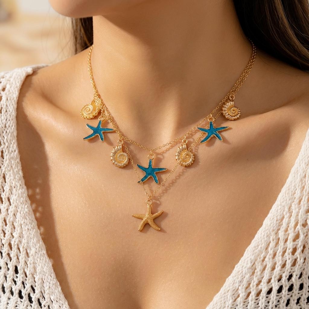 Boho Starfish Scallops Pendant Necklace for Women Ocean Seahorse Pearl Metal Chain Choker Beach Party Aesthetic Jewelry Gifts