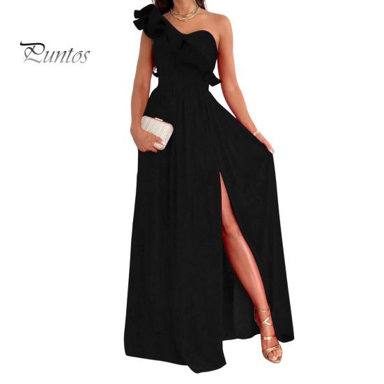 Dámské večerní šaty nařasené na jednom rameni plisované s vysokým pasem jednobarevné bez rukávů střih do A s velkým lemem Prom Cocktail Party Maxi společenské společenské šaty