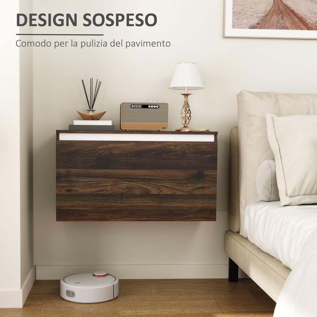 Wall-Mounted Bedside Table with Handleless Drawer and Wall Fixing, 80x30x45cm, Walnut