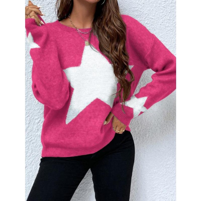 Women S Crew Neck Long Sleeve Pullover Knit Sweater Star Pattern