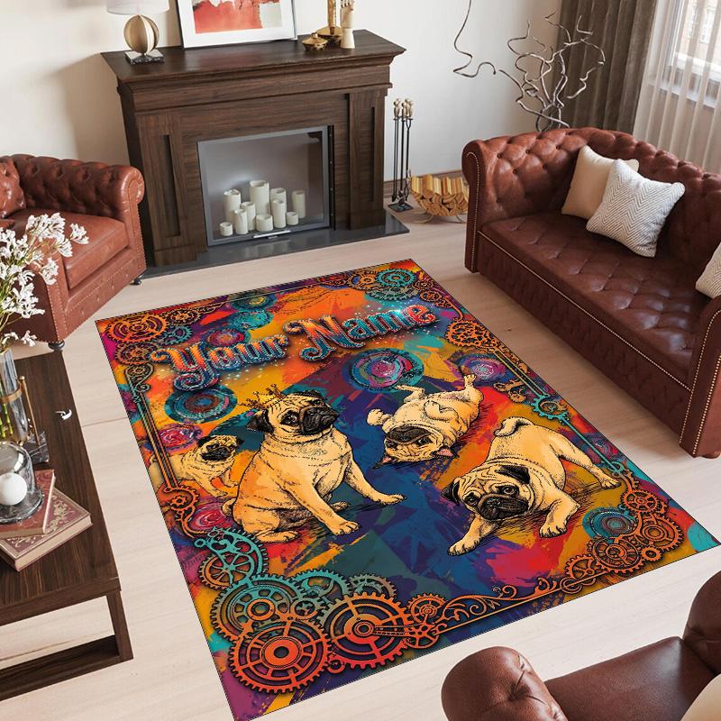 Pug Theme Crystal Velvet Floor Rug Personalized Custom Name Text Warm Carpet Home Decoration