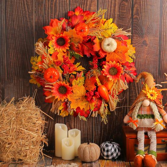 Pumpkin Wreath Sunflower Maple Leaf Decor Artificial Garland Seasonal Atmosphere Thanksgiving Harvest Festival Decor