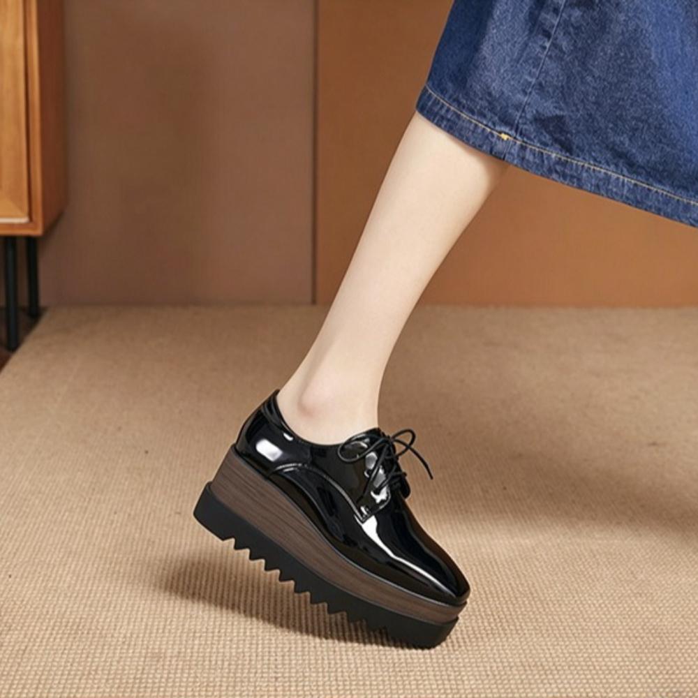HZB‑761‑8 2026 New Women Patent Leather Lace‑Up Wedge Platform Pumps, British Style Soft‑Sole Versatile Thick‑Sole Casual Leather Shoes