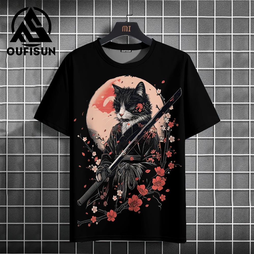 Samurai Cat T-Shirt Men's Japanese Shirt Black Short Sleeve T-Shirt