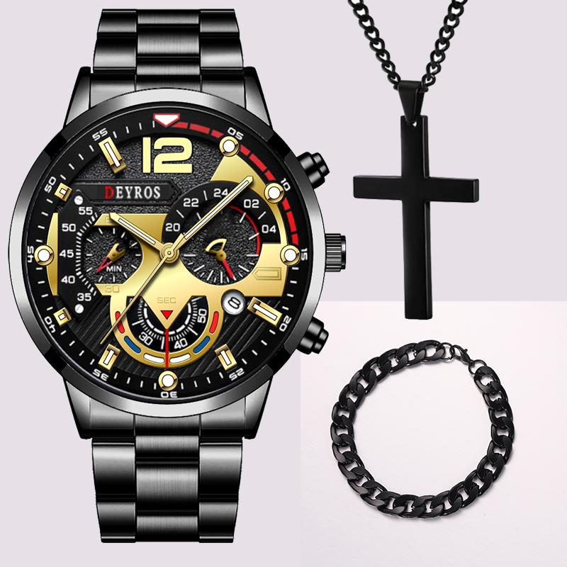 3 stk/sett, 1 stk Herre Quartz Armbåndsur & 1 stk Armbånd & 1 stk Halskjede Sett, Ideelt Valg for Gaver Til Menn