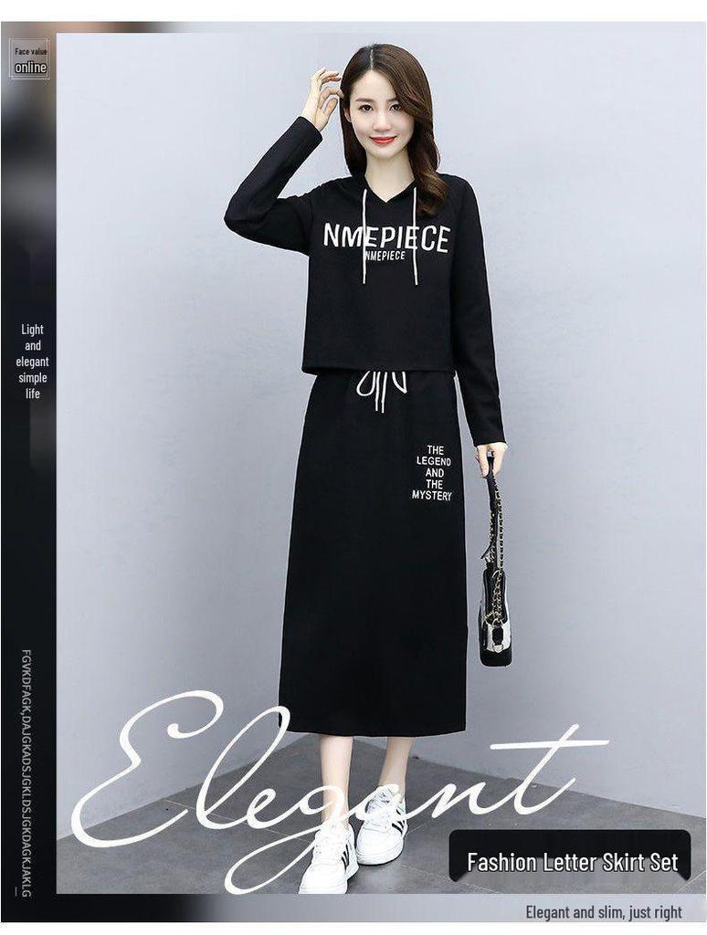 Stylish Women's Long Sleeve Two-Piece Letter Print Dress - Slimming and Casual for Spring & Autumn