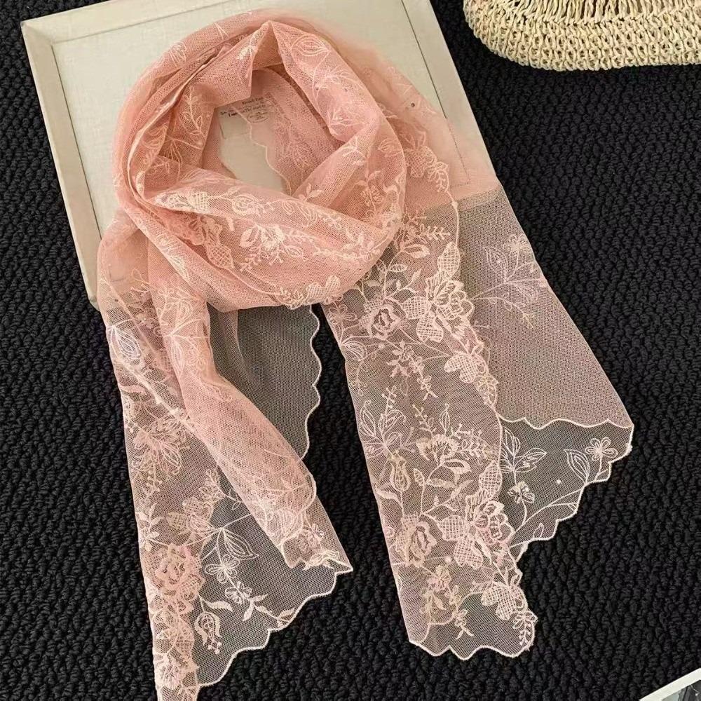 Versatile Retro Women's Lace Scarf Korean Version Solid Color Sunscreen Shawl Pearl Embellishment Long Female Headscarf
