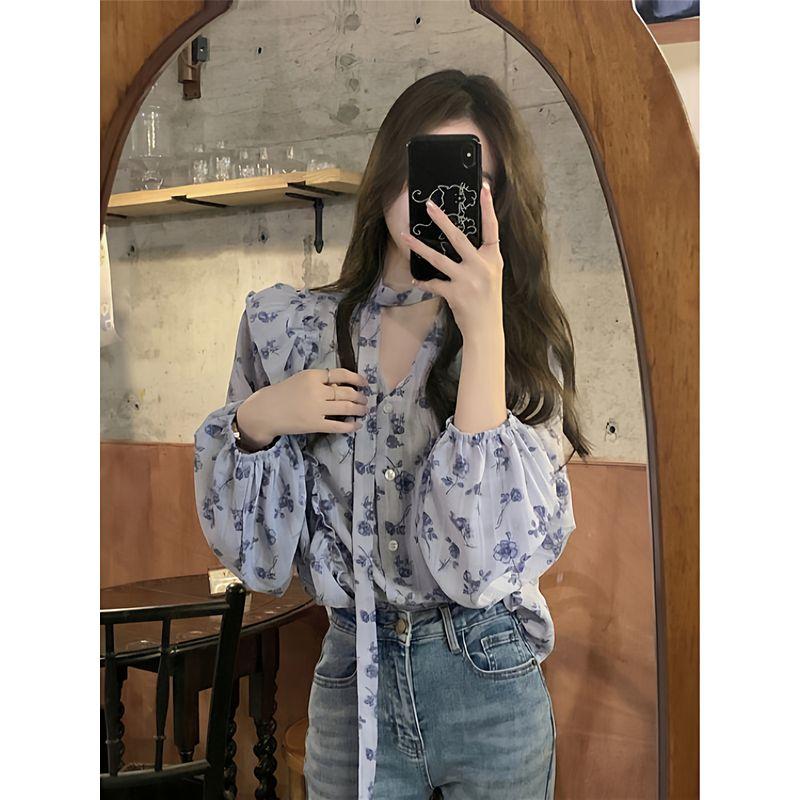 Kumikumi French Style Retro Print V-neck Long Sleeve Shirt Female Autumn Temperament Wild Loose Ruffle Top