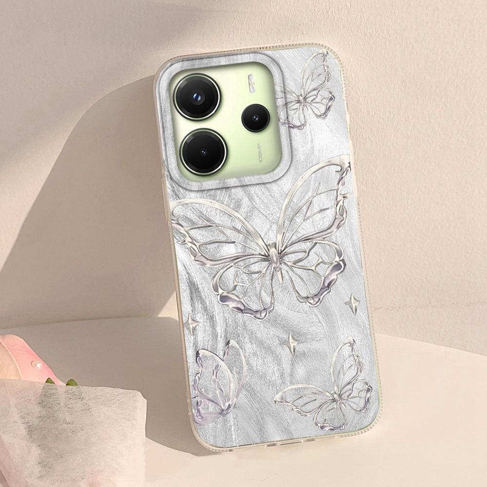 Laser Silver Butterfly Women Girls Phone Case for Xiaomi Redmi Note 14 13 12 11 11S 10 9 8 Pro 9C 13C 14C A5 A3 A4 A3X A1 Cover