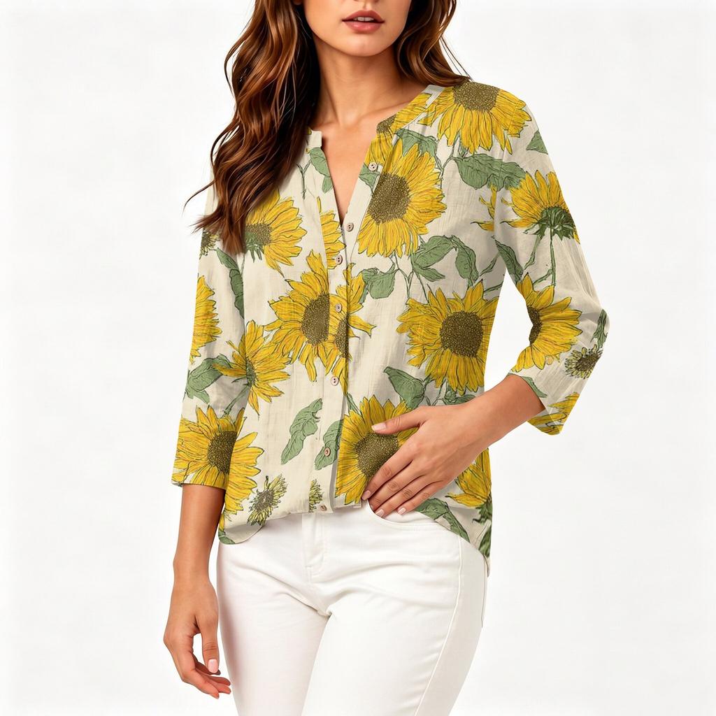 Women's Vintage Floral Print Button Front Henley Collar Shirt Three Quarter Sleeve Lightweight Cotton Linen Blouse