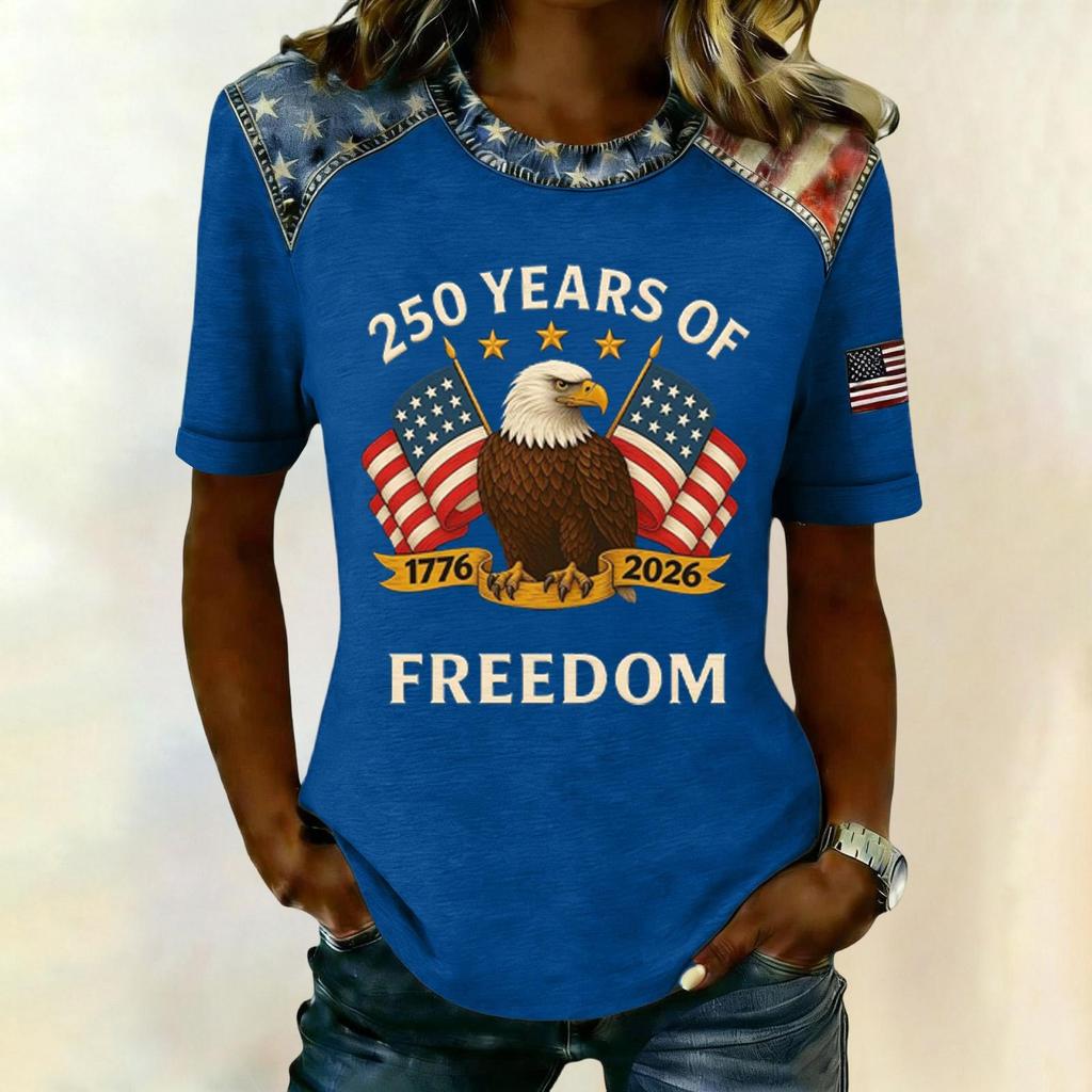 Women's Casual Short Sleeve T Shirt 250 Years of Freedom Patriotic Graphic Tee with Eagle and Flag Print Comfortable Fit