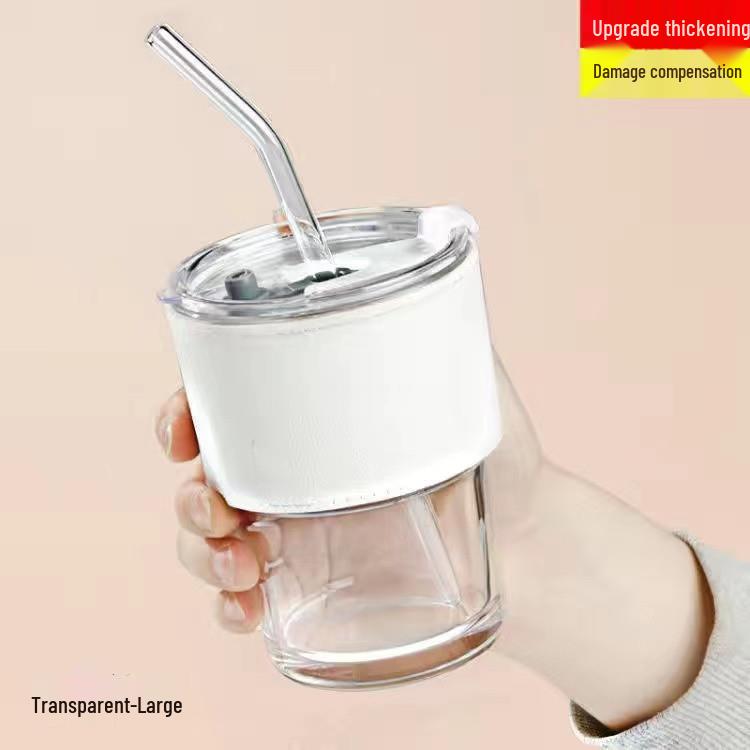Bamboo Joint Glass Cup with Lid & Straw - Stylish Ins Style for Coffee or Water 400ml белый