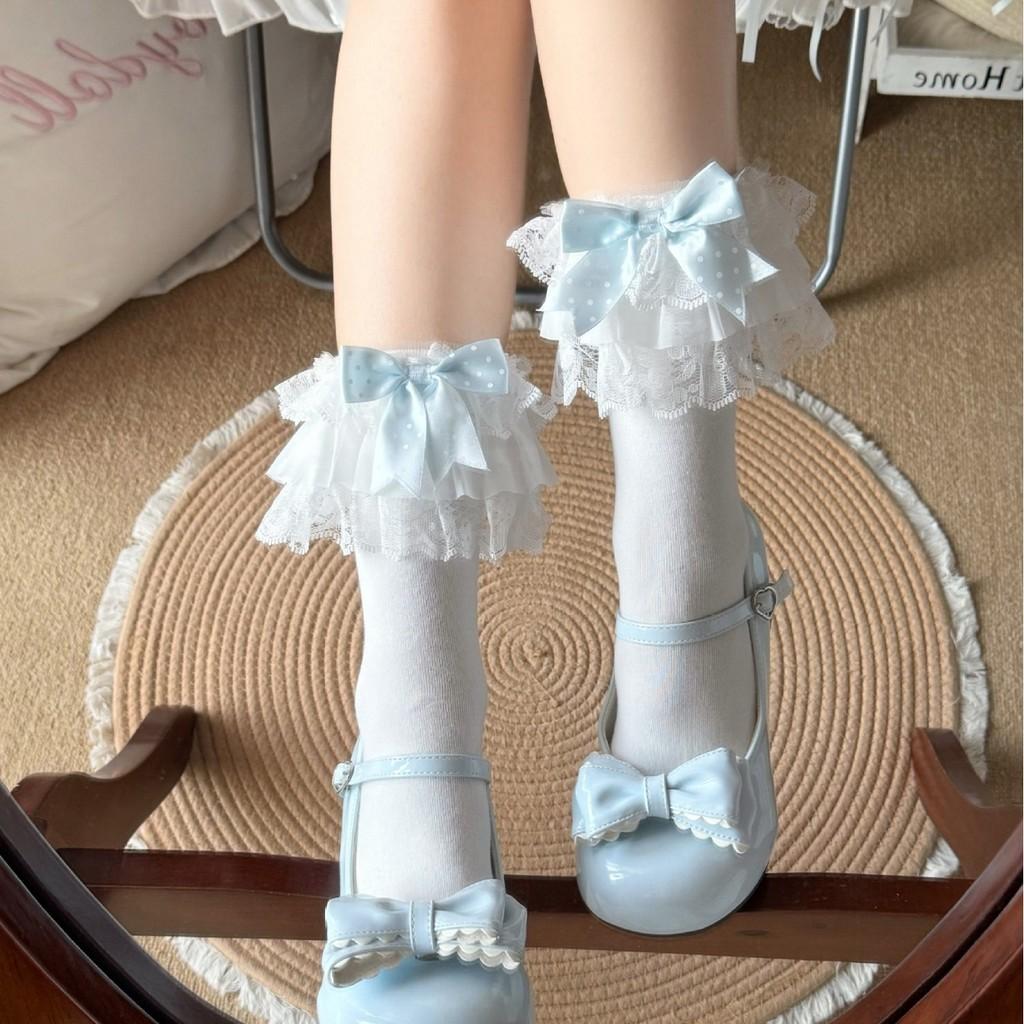 Lolita Cotton Socks With Polka Dot Bow Lace For Girls Spring Summer