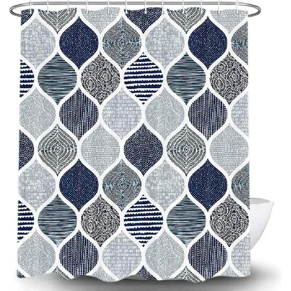 DYNH Boho Blue and Grey Shower Curtain for Bathroom, Dark Navy Blue Gray Geometric Stall Fabric Shower Curtains Set, Modern Fun Paisley White