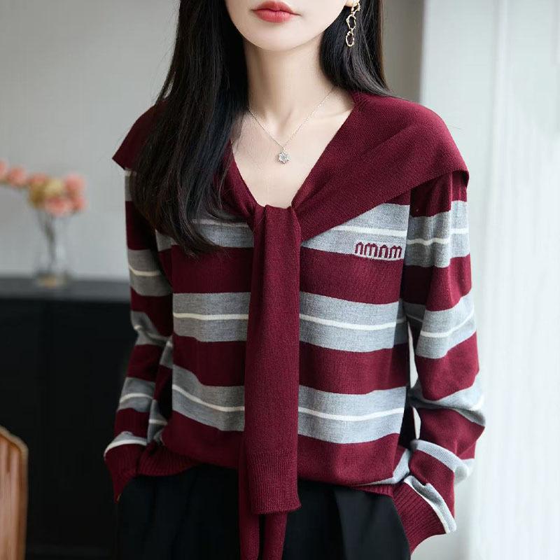 Women's Striped Wool Sweater Scarf – Autumn Winter Retro Lazy Style Coat