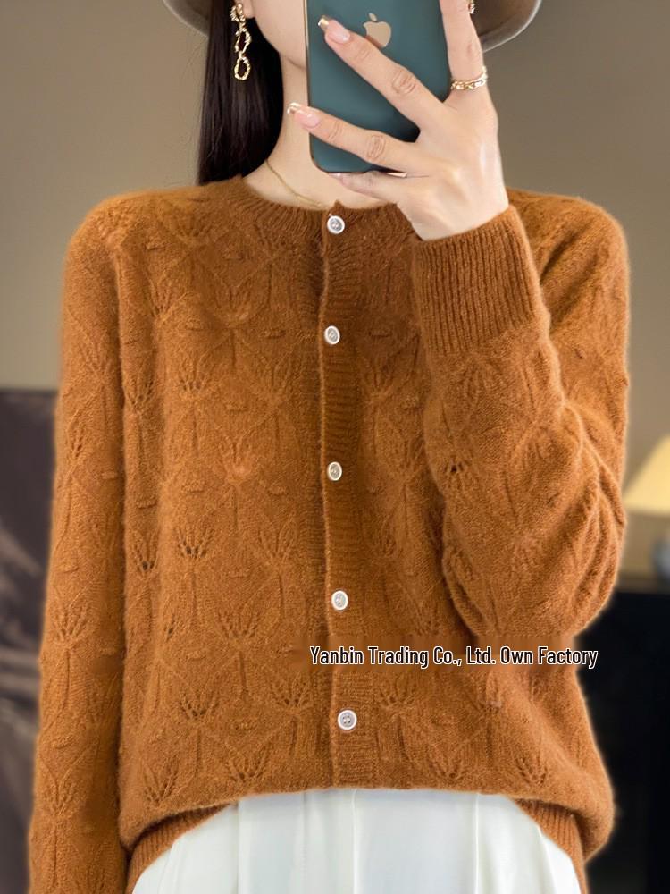Women's Round Neck Long Sleeve Wool Cardigan - Hollow Jacquard Knit Sweater Jacket