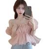 Women Short Puff Sleeve T-shirt Chiffon Short Puff Sleeves Breathable Apricot Sweet Square Neck Top
